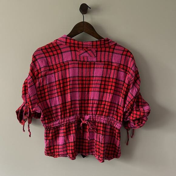 We the Free People Pacific Dawn Plaid Peplum Blouse Size Medium Pink & Red - Picture 6 of 12